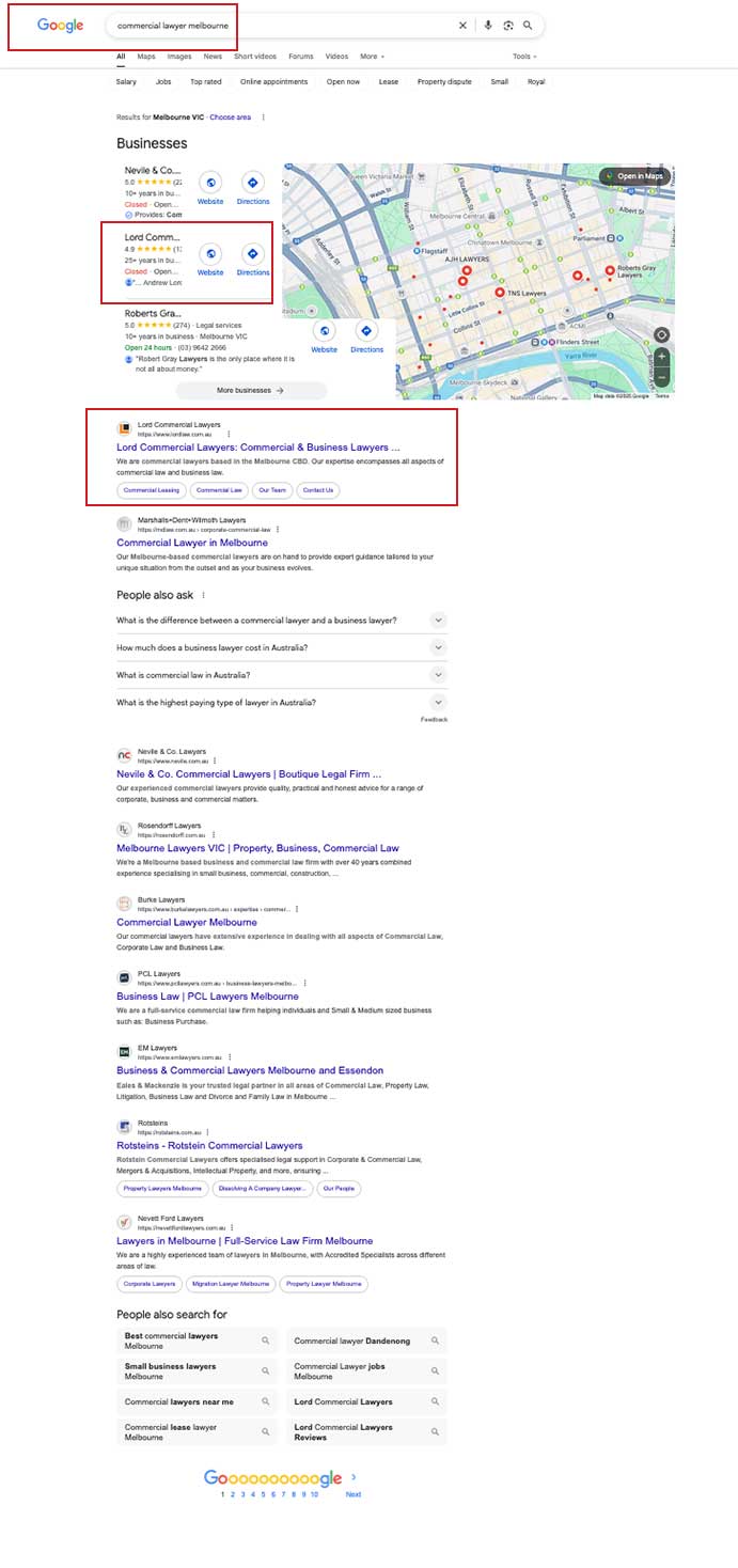results for small business SEO services ranking commercial lawyers melbourne